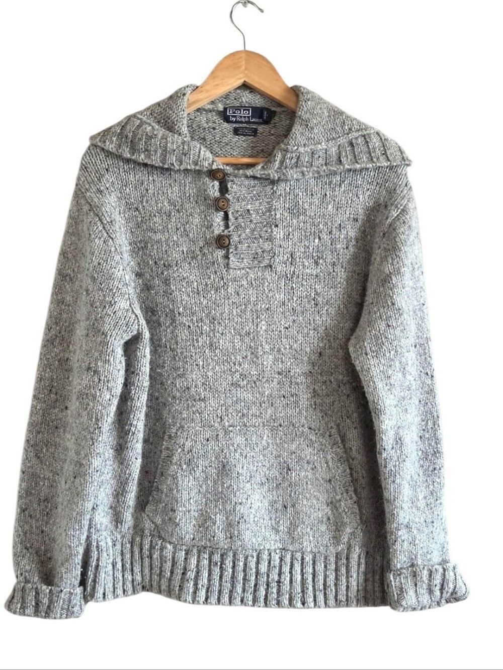 Vintage Polo Ralph Lauren Wool Alpaca Hooded Knit Sweater Gray Large
